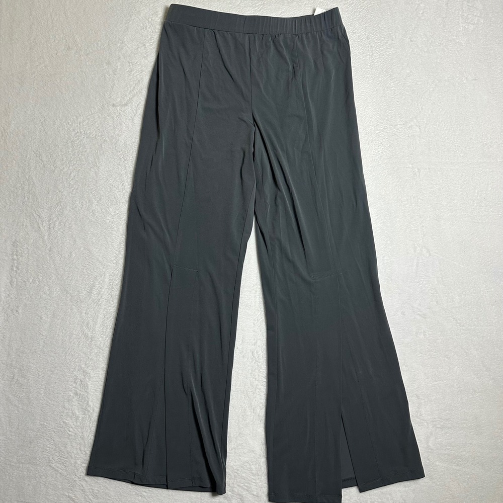 Susan Graver Liquid Knit Gray Flowy Pants Women's Size L Front Slit Hem Career